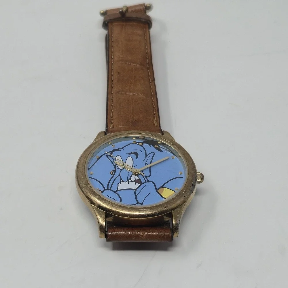 Vintage Fossil Disney Aladdin Genie Watch Gold Tone Brown Leather Strap NO BATT